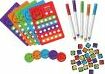 The Feisty Dice game by MindWare includes colorful game boards, vibrant pens, and assorted dice. Perfect for family fun and creative challenges.
