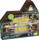 The game 'Ghost in the Attic' from MindWare, featuring a colorful box design that resembles a haunted house. The packaging includes images of children and a ghost figure, emphasizing it as a cooperative game designed for ages 5 and up, playable in the dark.