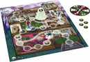 A colorful game board for 'Ghost in the Attic' by MindWare, featuring a spooky house layout with various rooms, a ghost figure, and player pieces representing diverse characters. The game includes a spinner and tokens, with vibrant illustrations of ghostly elements and secret passages inviting players into a fun adventure.