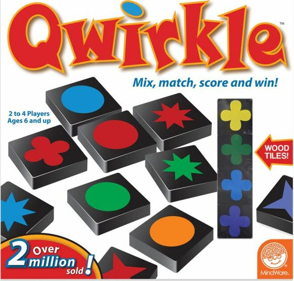 The Qwirkle game by MindWare features colorful, square wooden tiles with various shapes and colors. Designed for 2 to 4 players aged 6 and up, the game is presented with a bright red title and instructions to mix, match, and score. The box art highlights that over 2 million units have been sold, showcasing its popularity among family and friends for engaging gameplay.