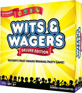Wits & Wagers Deluxe Edition game box, featuring bright yellow background, bold blue text, and a red ribbon. It highlights its status as one of the most award-winning party games, intended for ages 10 and up and designed for 4 or more players.