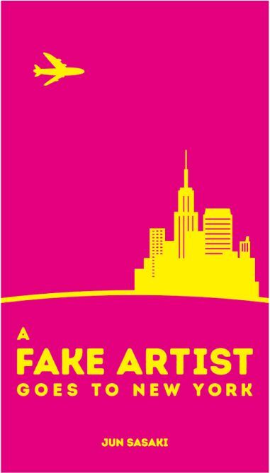 A colorful game cover for 'A Fake Artist Goes to New York' featuring a bright pink background with a silhouette of the New York skyline in yellow. An airplane is depicted flying above the skyline, giving a sense of travel and adventure. The title is prominently displayed in bold yellow letters.