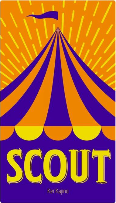 The product 'Scout' by OINK GAMES features a vibrant circus-themed design. It showcases a candy-colored tent with orange and purple stripes, and bold yellow lettering that spells 'SCOUT.' The background radiates with sunburst lines that enhance the playful and energetic theme of the game, designed by Kei Kajino.