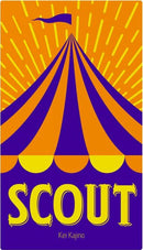 The product 'Scout' by OINK GAMES features a vibrant circus-themed design. It showcases a candy-colored tent with orange and purple stripes, and bold yellow lettering that spells 'SCOUT.' The background radiates with sunburst lines that enhance the playful and energetic theme of the game, designed by Kei Kajino.
