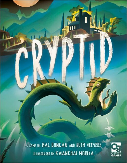 Cover of the board game 'Cryptid' by OSPREY PUBLISHING. The artwork features a mysterious, serpent-like creature in a vibrant green color, set against a landscape that includes a moonlit sky, mountains, and a shadowy house. The title 'CRYPTID' is prominently displayed in bold, white letters, creating an intriguing and adventurous atmosphere.