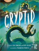 Cover of the board game 'Cryptid' by OSPREY PUBLISHING. The artwork features a mysterious, serpent-like creature in a vibrant green color, set against a landscape that includes a moonlit sky, mountains, and a shadowy house. The title 'CRYPTID' is prominently displayed in bold, white letters, creating an intriguing and adventurous atmosphere.