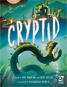 Cover of the board game 'Cryptid' by OSPREY PUBLISHING. The artwork features a mysterious, serpent-like creature in a vibrant green color, set against a landscape that includes a moonlit sky, mountains, and a shadowy house. The title 'CRYPTID' is prominently displayed in bold, white letters, creating an intriguing and adventurous atmosphere.