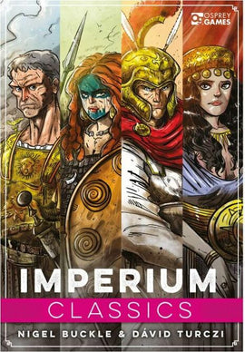 The cover of the game 'Imperium: Classics' by Osprey Games features four distinct characters inspired by ancient civilizations. Each character showcases detailed artwork, capturing a warrior, a queen, a strategist, and a mystical figure, each adorned in traditional attire and weapons. The title 'Imperium: Classics' is prominently displayed at the bottom, featuring vibrant colors that enhance the epic theme of the game.
