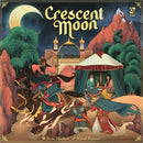 Crescent Moon game box featuring vibrant artwork of characters in an exotic setting. Two horse riders in traditional attire, mountains and lush greenery are in the background. A luxurious tent is prominently displayed, while various characters engage in activities, contributing to the rich visual story.
