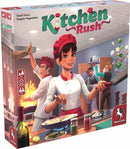 The box of Kitchen Rush, a fast-paced cooperative game featuring chefs in a bustling kitchen. A female chef with a red hat is cooking while a male chef handles flames in the background. The game emphasizes teamwork and time management, aiming at 2-4 players with a playtime of 20-60 minutes.