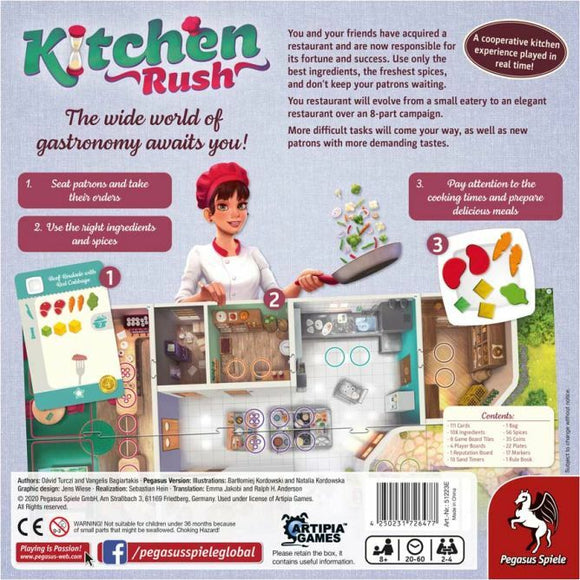 Back cover of the game Kitchen Rush showcasing game components and instructions. Features a character in a chef outfit preparing food in a vibrant restaurant setting, with icons explaining seating patrons, using ingredients, and paying attention to cooking times. The design reflects a fun, cooperative cooking experience for players.