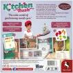 The Back of Kitchen Rush box showing components including a colorful game board, instruction manual, character illustrations, and various game pieces. The design includes vibrant artwork of a chef and kitchen items.