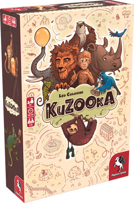 The KuZOOka game by Pegasus Spiele features a colorful box cover with playful illustrations of a lion, a monkey, a rhino, and various other animals. The title 'KuZOOka' is prominently displayed, accompanied by the designer's name, Leo Colovini. The background showcases a whimsical map design with trees and landmarks, suggesting an adventurous theme perfect for family game nights.