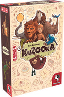 The KuZOOka game by Pegasus Spiele features a colorful box cover with playful illustrations of a lion, a monkey, a rhino, and various other animals. The title 'KuZOOka' is prominently displayed, accompanied by the designer's name, Leo Colovini. The background showcases a whimsical map design with trees and landmarks, suggesting an adventurous theme perfect for family game nights.