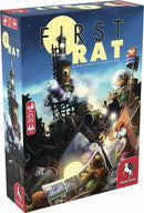 The game 'First Rat' by Pegasus Spiele features colorful artwork depicting playful cartoon rats involved in a whimsical adventure. The box shows a night scene with a tower and various gadgets, hinting at a fun and engaging gameplay experience. Suitable for ages 10 and up, designed for 1-5 players with game duration of 30-75 minutes.