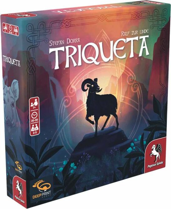 Triqueta game box featuring a beautifully illustrated goat silhouette against a mystical background. The design is vibrant with shades of purple and green. The title 'Triqueta' is prominently displayed at the top. Ideal for 2-5 players aged 7 and up, with a gameplay duration of 20-30 minutes.