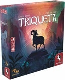 Triqueta game box featuring a beautifully illustrated goat silhouette against a mystical background. The design is vibrant with shades of purple and green. The title 'Triqueta' is prominently displayed at the top. Ideal for 2-5 players aged 7 and up, with a gameplay duration of 20-30 minutes.