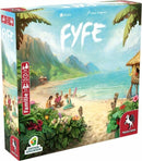 The game 'Fyfe' by Burnt Island Games features a beautifully illustrated box depicting a tropical beach scene with mountains in the background. The cover showcases a group of people, including surfers, gathered near the shore surrounded by vibrant flowers. The title 'FYFE' is prominently displayed at the top in bold, white letters.