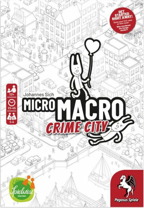 The cover of the board game 'MicroMacro: Crime City' by Pegasus Spiele, featuring a colorful illustration that shows cartoonish characters in a busy cityscape, with a whimsical design and the game's title prominently displayed. The cover includes details like a logo indicating the game's age suitability (12+), player count (1-4), and playtime (15-45 mins). The background is filled with intricate outlines of city elements.