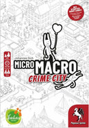 The cover of the board game 'MicroMacro: Crime City' by Pegasus Spiele, featuring a colorful illustration that shows cartoonish characters in a busy cityscape, with a whimsical design and the game's title prominently displayed. The cover includes details like a logo indicating the game's age suitability (12+), player count (1-4), and playtime (15-45 mins). The background is filled with intricate outlines of city elements.