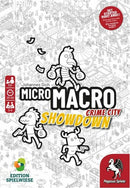 The game box for MicroMacro: Crime City - Showdown by Pegasus Spiele. The cover features a whimsical black-and-white illustration of various characters, including a dinosaur and a robber, amidst a cityscape. The title is prominently displayed in bold lettering with a vibrant yellow 'Showdown' text. The box indicates it's suitable for ages 12 and up, with 1-4 players, and a playtime of 15-45 minutes.