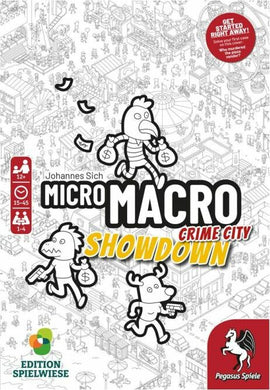 The game box for MicroMacro: Crime City - Showdown by Pegasus Spiele. The cover features a whimsical black-and-white illustration of various characters, including a dinosaur and a robber, amidst a cityscape. The title is prominently displayed in bold lettering with a vibrant yellow 'Showdown' text. The box indicates it's suitable for ages 12 and up, with 1-4 players, and a playtime of 15-45 minutes.