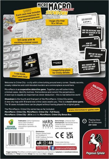 MicroMacro: Crime City - Showdown game from Pegasus Spiele featuring a map and 120 cards with 16 criminal cases. Includes a magnifying glass and a rulebook. Ideal for crime-solving enthusiasts.