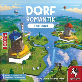 Dorfromantik Duel board game by Pegasus Spiele North America featuring colorful landscape with two windmills and various greenery. Designed for 2 players aged 8 and above, with a playtime of 30-45 minutes. Includes an expansion for added gameplay experience.