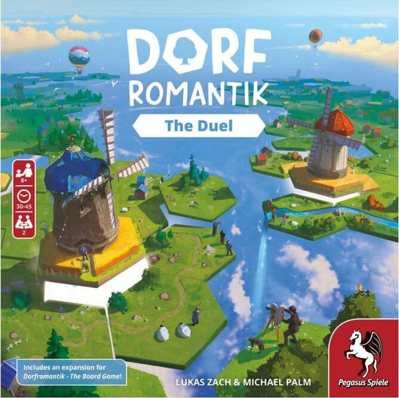 Dorfromantik Duel board game by Pegasus Spiele North America featuring colorful landscape with two windmills and various greenery. Designed for 2 players aged 8 and above, with a playtime of 30-45 minutes. Includes an expansion for added gameplay experience.
