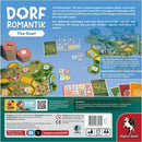 Dorfromantik Duel game by Pegasus Spiele North America. The image shows the game's components, including hexagonal landscape tiles, task markers, and storage boards. Players compete to create the most beautiful world while fulfilling villagers' wishes. The back of the box outlines the game's contents, challenges, and various ways to play, including team modes.