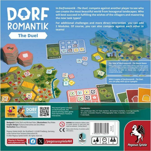 Dorfromantik Duel game by Pegasus Spiele North America. The image shows the game's components, including hexagonal landscape tiles, task markers, and storage boards. Players compete to create the most beautiful world while fulfilling villagers' wishes. The back of the box outlines the game's contents, challenges, and various ways to play, including team modes.