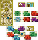 A colorful board game setup featuring various cards and tokens. The board displays numerical tracks and illustrations of flora and fauna. Cards are segmented by different colors, showcasing unique symbols. The game appears designed for strategic play, inviting players into a vibrant adventure.