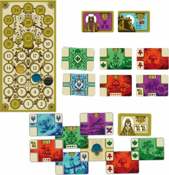 A colorful board game setup featuring various cards and tokens. The board displays numerical tracks and illustrations of flora and fauna. Cards are segmented by different colors, showcasing unique symbols. The game appears designed for strategic play, inviting players into a vibrant adventure.