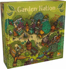Garden Nation board game by BOMBYX features a vibrant illustration depicting a whimsical village filled with colorful houses, lush greenery, and playful animals. The box showcases intricate details like playful birds and various structures that invite players to immerse themselves in a rich, imaginative world.