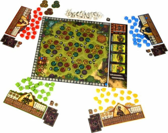 A colorful board game setup featuring a detailed game board with green and brown areas depicting a garden. Four sets of game pieces in red, blue, yellow, and green surround the board, along with player boards and tokens. The game components include various tokens and cards, enhancing the interactive gameplay experience.