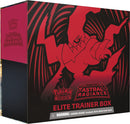 The PKM: Astral Radiance Elite Trainer Box features vibrant red and black artwork depicting a dynamic Pokemon character. The box is designed for gaming enthusiasts, offering a collectible and functional storage solution for trading cards. The top includes the Pokemon logo and product name, with a caution label regarding choking hazards for small parts, suitable for ages 6 and up.