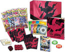 The PKM: Astral Radiance Elite Trainer Box features various Pokémon trading cards, including booster packs, energy cards, and player tokens. The box has striking pink artwork with a dark silhouette. Includes a player's guide and assorted game accessories.