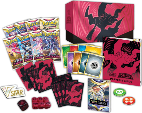 The PKM: Astral Radiance Elite Trainer Box features various Pokémon trading cards, including booster packs, energy cards, and player tokens. The box has striking pink artwork with a dark silhouette. Includes a player's guide and assorted game accessories.