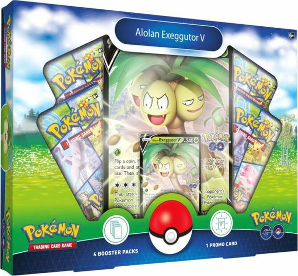 A colorful Pokemon trading card game set featuring Alolan Exeggutor V. The package includes 4 booster packs and 1 promotional card. The design showcases Alolan Exeggutor with vibrant greenery in the background, along with game instructions visible on the packaging.