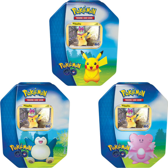 PKM: Go: Gift Tin featuring Pokémon characters. The tin displays a vibrant Pikachu design along with Snorlax and another Pikachu image. Ideal for Pokémon Trading Card Game enthusiasts.