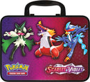 PKM: Fall Collectors Chest 23 featuring vibrant illustrations of three Pokémon characters: a green, leafy Pokémon, a fire-breathing dinosaur, and a water-type creature, all against a colorful background. The chest is branded with Pokémon Trading Card Game and Scarlet & Violet logos, designed for card game enthusiasts and collectors.