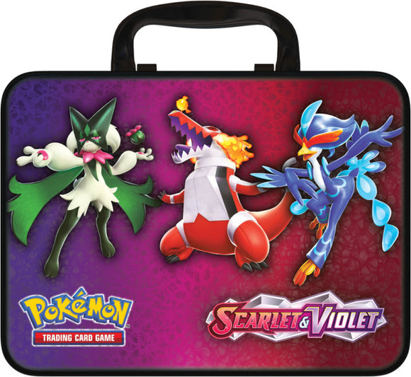 PKM: Fall Collectors Chest 23 featuring vibrant illustrations of three Pokémon characters: a green, leafy Pokémon, a fire-breathing dinosaur, and a water-type creature, all against a colorful background. The chest is branded with Pokémon Trading Card Game and Scarlet & Violet logos, designed for card game enthusiasts and collectors.