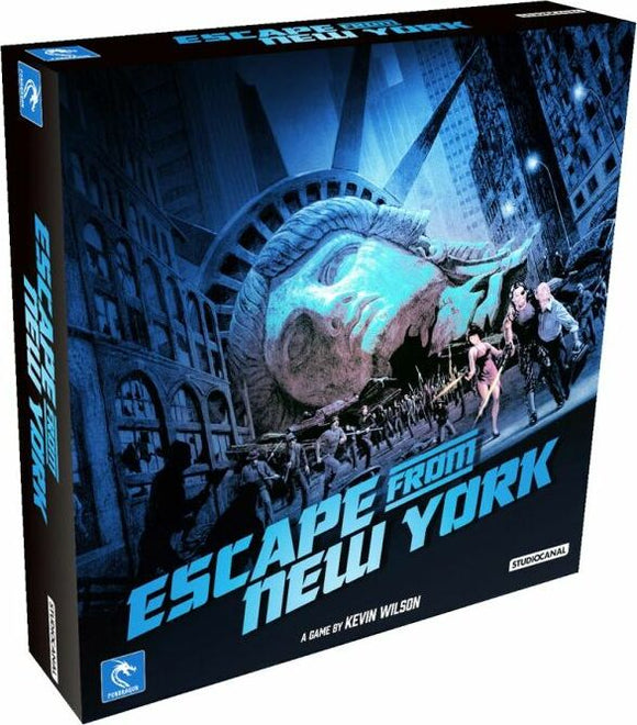 Escape from New York board game box featuring a dramatic scene with iconic New York landmarks and characters in a chaotic escape setting. It displays a prominent Statue of Liberty head, with vibrant colors that convey action and adventure.