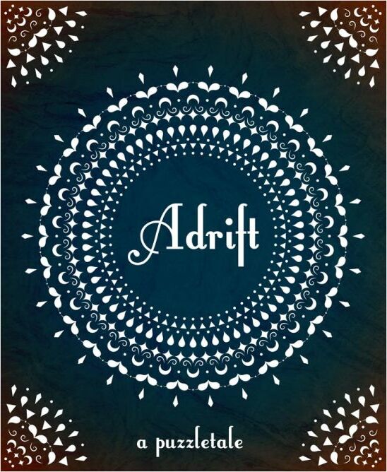 The product titled 'Adrift' by Postcurious, featuring intricate white designs on a dark background. The central circle contains the name 'Adrift' in a stylish font, surrounded by decorative patterns, creating an artistic and engaging look. This item is labeled as a game with a focus on imaginative storytelling.