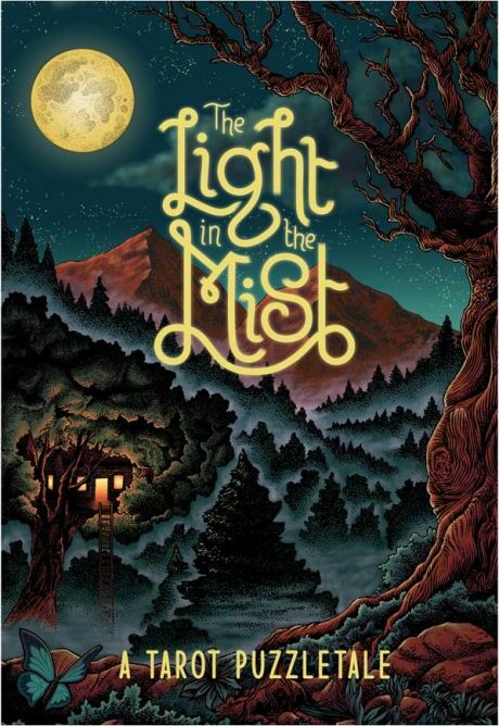 The Light in the Mist game by Postcurious features a whimsical illustration depicting a moonlit landscape with a treehouse nestled among dark mountains and lush trees. The title is artistically styled and surrounded by enchanting elements that evoke a sense of mystery and adventure.