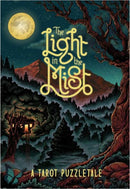 The Light in the Mist game by Postcurious features a whimsical illustration depicting a moonlit landscape with a treehouse nestled among dark mountains and lush trees. The title is artistically styled and surrounded by enchanting elements that evoke a sense of mystery and adventure.