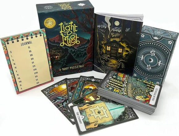 The Light in the Mist game by Postcurious featuring an intricately designed box. The package includes a tarot-themed journal, beautifully illustrated tarot cards, and a guidebook with a mystical forest scene. The cards display detailed artwork with symbols and imagery related to the tarot, inviting players to explore themes of mystery and adventure.