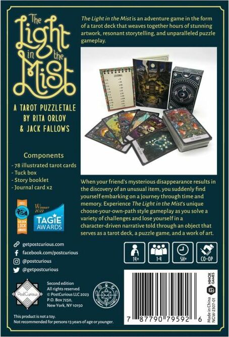The Light in the Mist is an adventure game designed as a tarot deck featuring stunning artwork and rich storytelling. The kit includes 78 illustrated tarot cards, a tuck box, a story booklet, a journal card, and a character-driven narrative to engage players in a puzzle-filled journey through time and memory. Ideal for those who enjoy immersive gameplay and unique storytelling experiences, this game is perfect for solo or group play.
