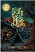 The Light in the Mist is a beautifully illustrated board game box featuring a mystical landscape with trees, a full moon, and a cozy cabin. The title is artistically rendered in whimsical lettering, inviting players to explore the enchanting game experience. Perfect for lovers of adventure and strategy games, this product combines stunning visuals with engaging gameplay.