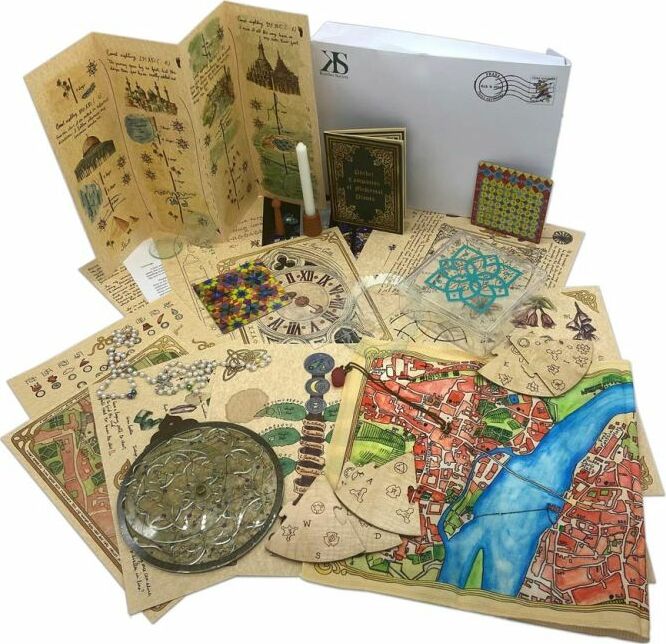 The Emerald Flame by Postcurious is a creative game kit featuring intricately designed maps, puzzles, and crafting materials, all laid out in an artistic display. The kit includes various components such as decorative papers, game instructions, and vibrant tokens, promoting imaginative play and engagement. Perfect for enthusiasts of mystery and adventure, this set invites players to explore and create their own stories.